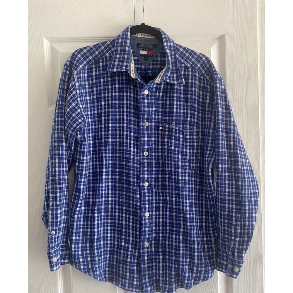 Tommy Jeans Vintage Plaid Waffle Knit Mens Size‎ L Blue Streetwear Cotton Shirt